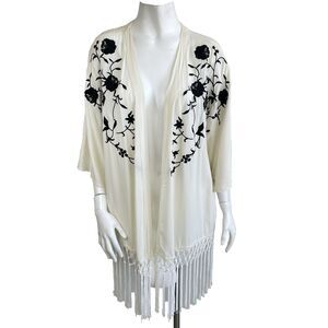 Paparazzi XL Embroidered Fringe Open Front Cardigan Resort Kimono Duster Boho